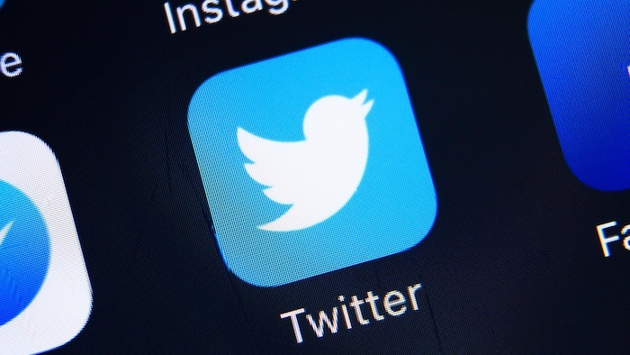 Un écran de téléphone montrant différentes icônes d'applications, dont celle de Twitter, au centre.