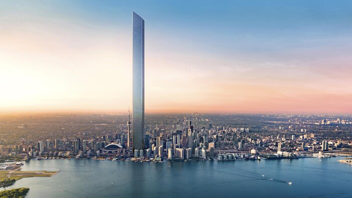 Rendu d'artiste d'une tour géante imaginaire ajoutée à la ligne d'horizon de la ville de Toronto.