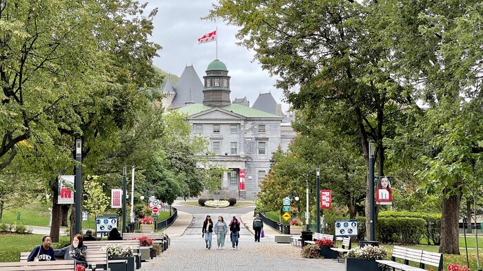 Des étudiants circulent sur le campus de l'Université McGill.
