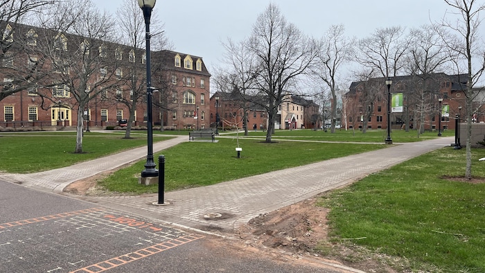 Le campus de l'Université de l'Île-du-Prince-Édouard est vide en ce mois de mai. Les étudiants seront de retour en septembre.