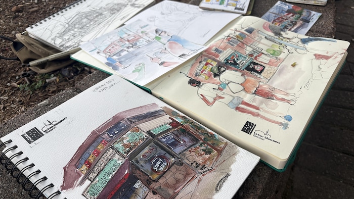 Des dessins sur des carnets.