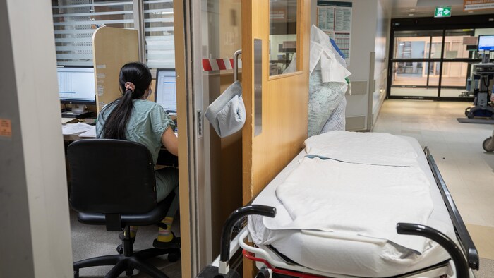 Une membre du personnel médical devant un ordinateur.