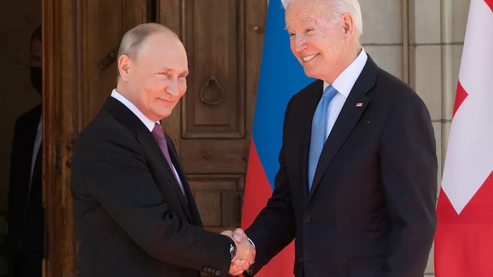 U.S. President Joe Biden and Russia's President Vladimir Putin shake hands as they arrive for the U.S.-Russia summit at Villa La Grange in Geneva, Switzerland on June 16, 2021.