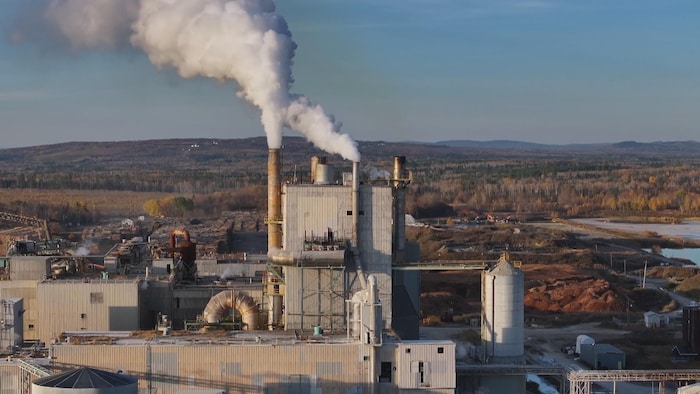 Une usine dont les cheminées crachent de la fumée, en automne.