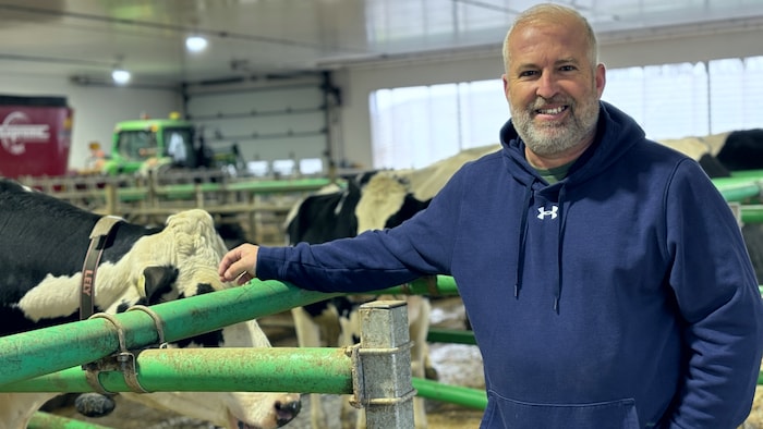 Daniel Gobeil flatte la tête d'une vache.