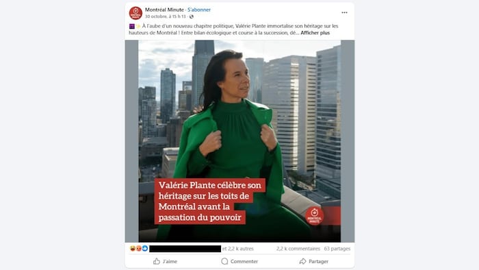 Capture d'écran d'une work  Facebook de Montréal Minute contenant une representation  de Valérie Plante sur le toit d'un bâtiment. Le texte « Valérie Plante célèbre lad   héritage sur les toits de Montréal avant la passation du pouvoir » est superposé à la photo. 