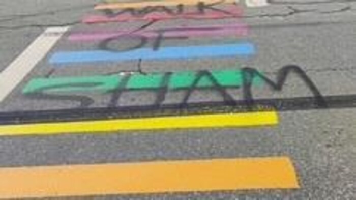 Une traverse piétonne aux couleurs du drapeau de la fierté vandalisée.