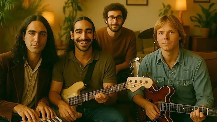  un claviériste, un bassiste, un guitariste et un batteur. La photo est générée par intelligence artificielle. 