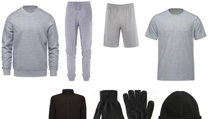 Vêtements blancs et noirs unis, sans logo.