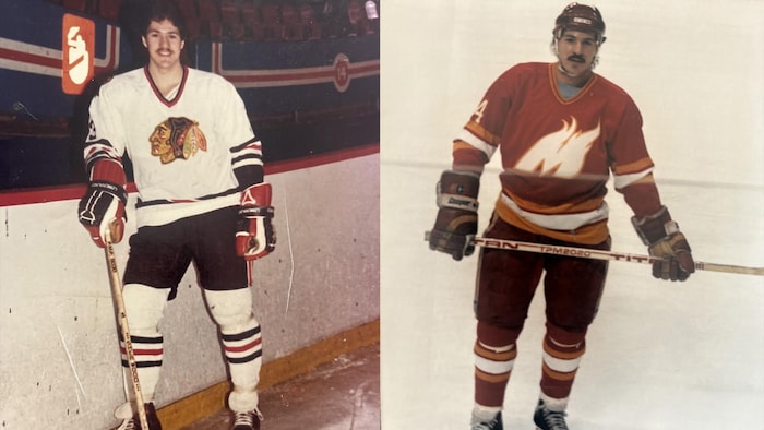 Photo d'un joueur de hockey, Victor Cormier, dans deux uniformes différents. 