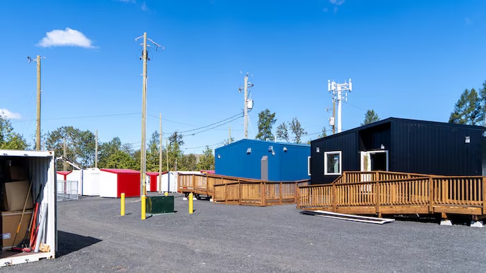 Des cabines d'hébergement installées dans une cour, près d'un endroit boisé.