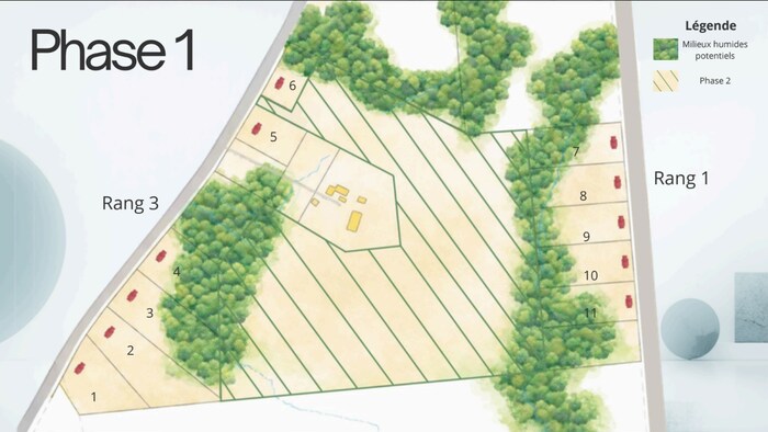 Le plan de la première phase du projet. Les 11 nouveaux lots se trouvent aux abords des 1er et 3e Rang. La zone hachurée représente la zone qui sera développée dans la deuxième phase.