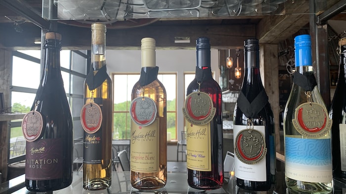 Six bouteilles de vins et cidres sur une étagère.