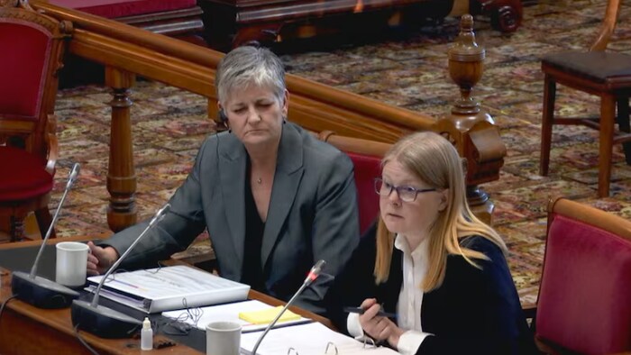Deux femmes parlent devant un micro.
