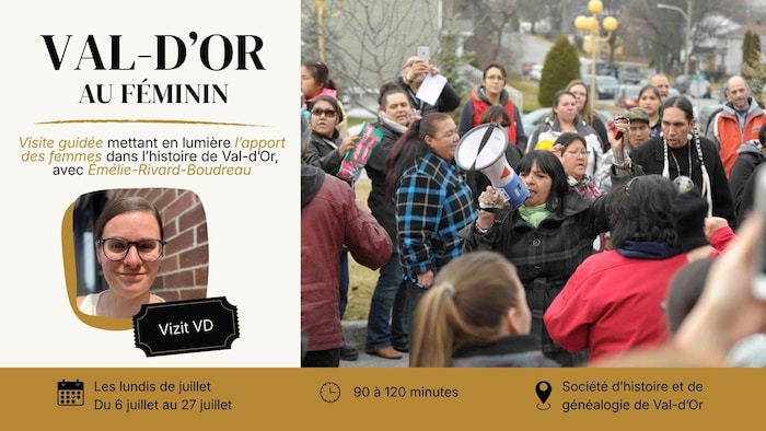 Une photographie montre une manifestation de femmes autochtones à Val-d'Or, avec une infographie indiquant «Val-d'Or au féminin».