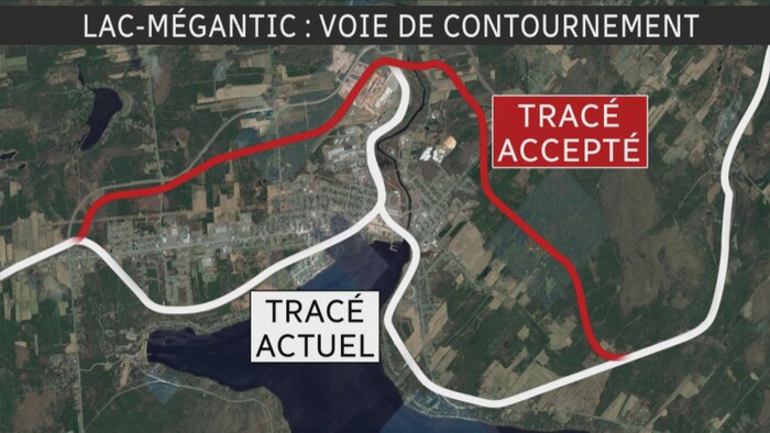 Les tracés actuel et accepté de la voie de contournement à Lac-Mégantic.