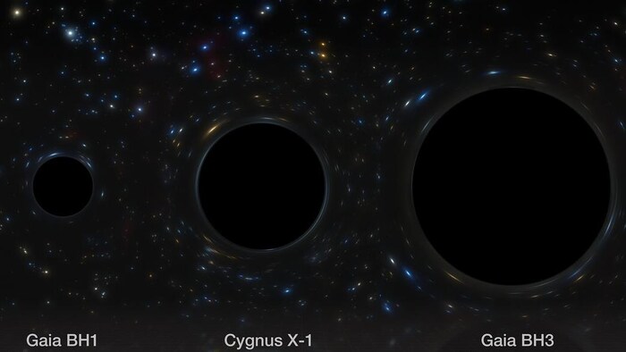 Vue d'artiste comparant côte à côte trois trous noirs stellaires de notre galaxie : Gaia BH1, Cygnus X-1 et Gaia BH3.