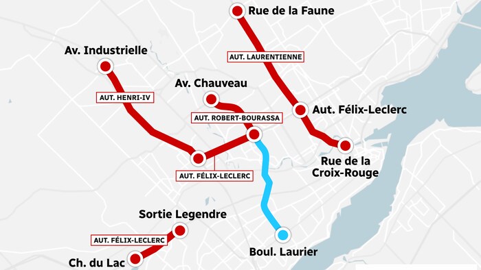 Carte des tronçons de voies réservées sur le réseau routier de Québec.