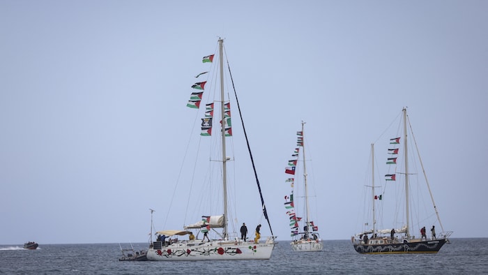 Sailboats participating in the international flotilla for Gaza, off the coast of Greece.