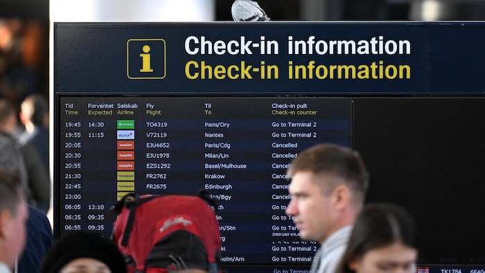 Des voyageurs devant un panneau affichant les informations de vol à l'aéroport de Copenhague.