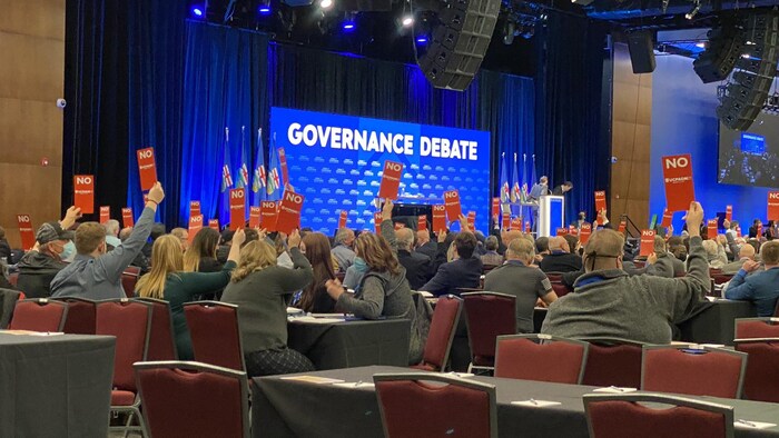United Conservatives vote during the party's 2019 annual meeting. In a leadership review by mail-in ballot, 51.4 per cent of UCP members endorsed Kenney, but he announced he'd resign after receiving such a narrow margin. 