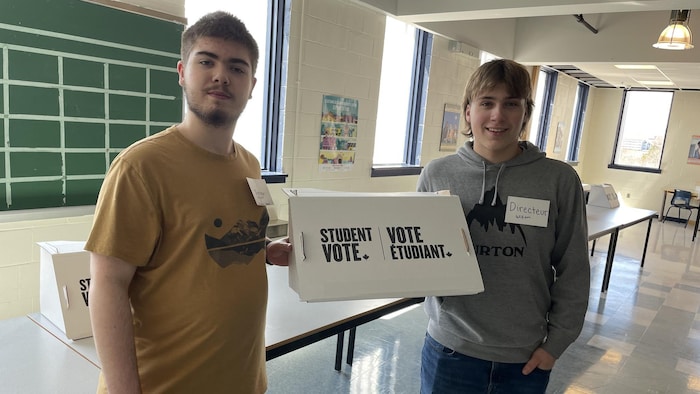 Deux jeunes sourient à la caméra, tenant une affiche dans leur main, indiquant Vote étudiant.