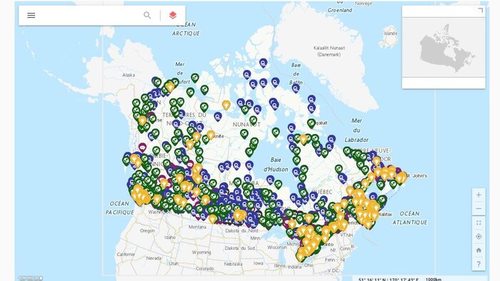 Mapa de los proyectos financiados en el marco de la acción climática de Canadá. 