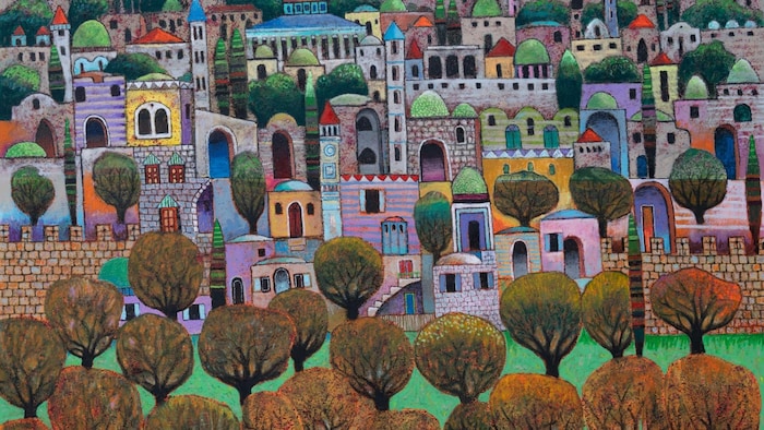 Une toile réalisée par l'artiste palestinien Nabil Anani intitulée «Une vue de Jérusalem».