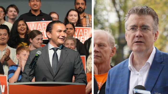 Un montage de photos des chefs Wab Kinew (à gauche) et Dougald Lamont (à droite) le 1er octobre 2023.