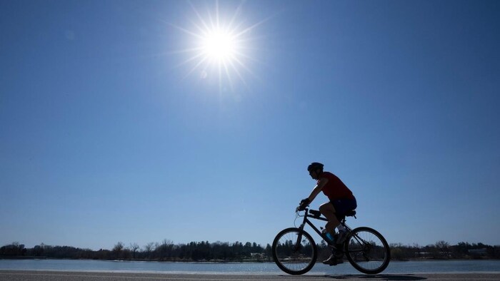 Un cycliste roule sur un chemin ensoleillé.