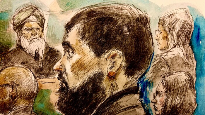 Un détail de l'illustration judiciaire de l'audience sur le cautionnement de Gurpreet Singh.