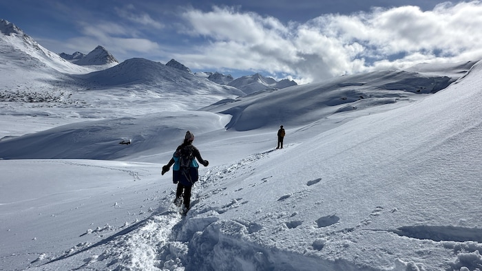 Des raquetteurs avancent au cœur de montagnes enneigées.
