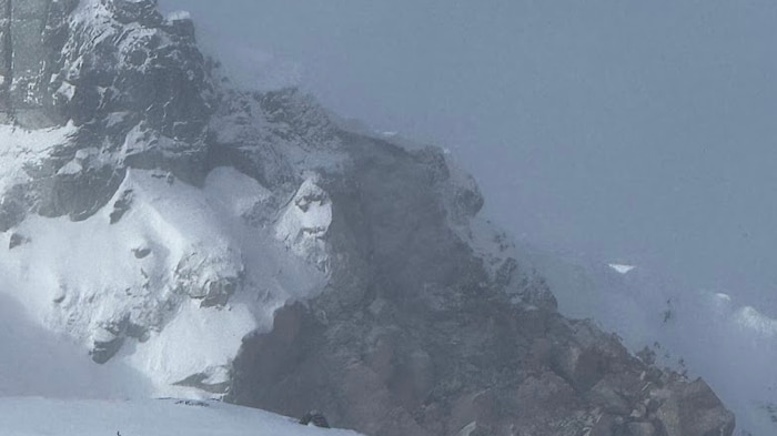 Un éboulement sur le flanc d'un pic rocheux.