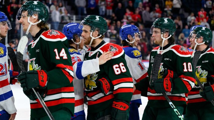 Des joueurs en file en fin de match sur la patinoire.
