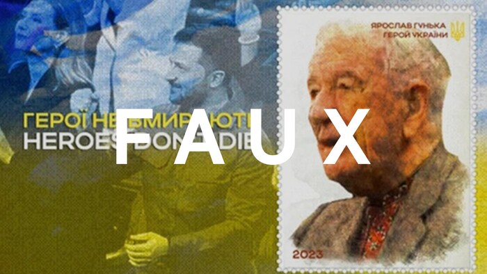 Une fausse photo promotionnelle pour un timbre mettant en vedette Yaroslav Hunka. Le mot "FAUX" est superposé sur l'image.