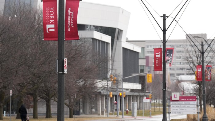Une rue du campus, près d'un bâtiment et une enseigne. 
