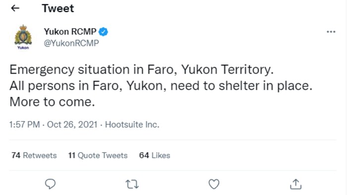 Capture d'écran d'un message du compte Twitter de la GRC du Yukon.