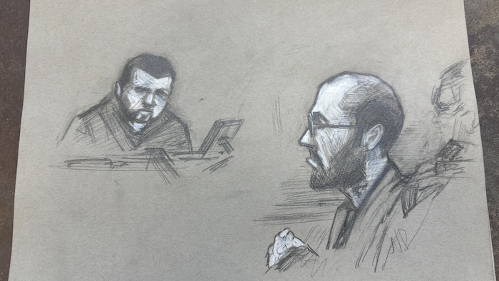 Un croquis d'audience représentant le témoin Zachery Trevors et l'accusé Janson Bryan Baker.