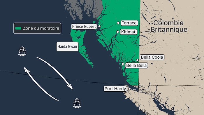 Une carte avec la zone du moratoire, qui couvre la zone de la frontière entre le Canada et les États-Unis au nord jusqu’à la partie continentale de la Colombie-Britannique en face de l’extrémité nord de l’île de Vancouver.