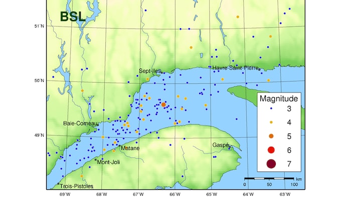 Carte de la zone sismique du Bas-Saint-Laurent.