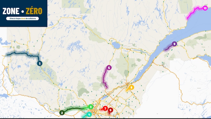 Une carte du Québec identifiant des tronçons de route accidentogènes.