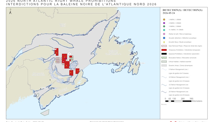 Une carte des provinces maritimes et du golfe du Saint-Laurent indiquant les zones de fermeture.