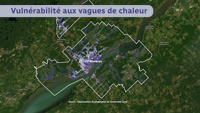 Carte satellite montrant les zones des populations vulnérables à la chaleur à Trois-Rivières