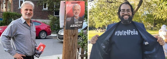 La plupart des activités de campagne de Victor Armony (à gauche) et Mauro Peña se déroulent en arpentant les rues des différents secteurs de la circonscription qu'ils veulent représenter.