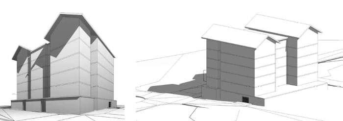 Des dessins montrant un immeuble sous différents plans.