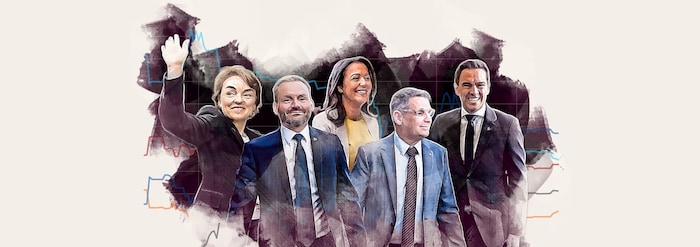 Illustration de cinq dirigeants politiques devant des graphiques de tendances.