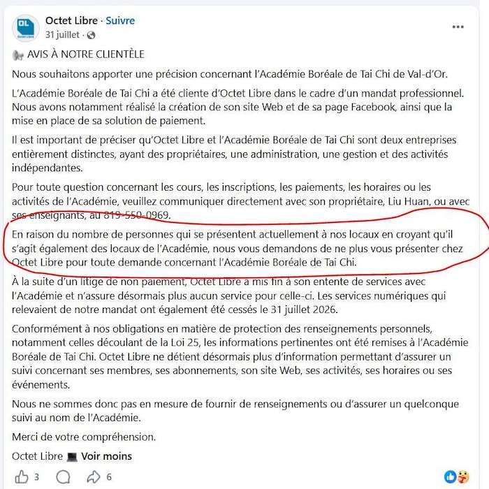 Une message d'Octet Libre indiquant que l'Académie Boréale de Tai-Chi a été cliente de l'entreprise, mais qu'« à la suite d'un litige de non paiement, Octet Libre a mis fin à son entente de services avec l'Académie ».