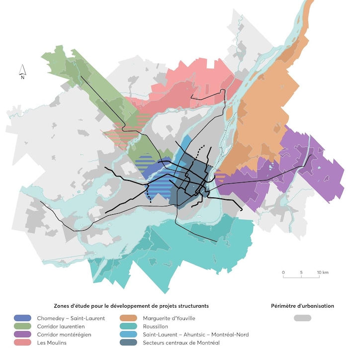 Les huit zones d'étude (Chomedey – Saint-Laurent, Secteurs centraux de Montréal – zone Ouest, Corridor laurentien, Les Moulins, Corridor montérégien, Saint-Laurent – Ahuntsic – Montréal-Nord, Marguerite-d’Youville et Roussillon) sont identifiées.