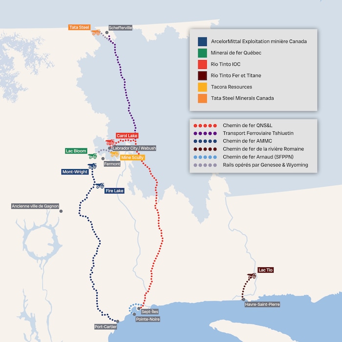 Une carte du réseau ferroviaire et portuaire destiné à l'exploitation minière sur la Côte-Nord.