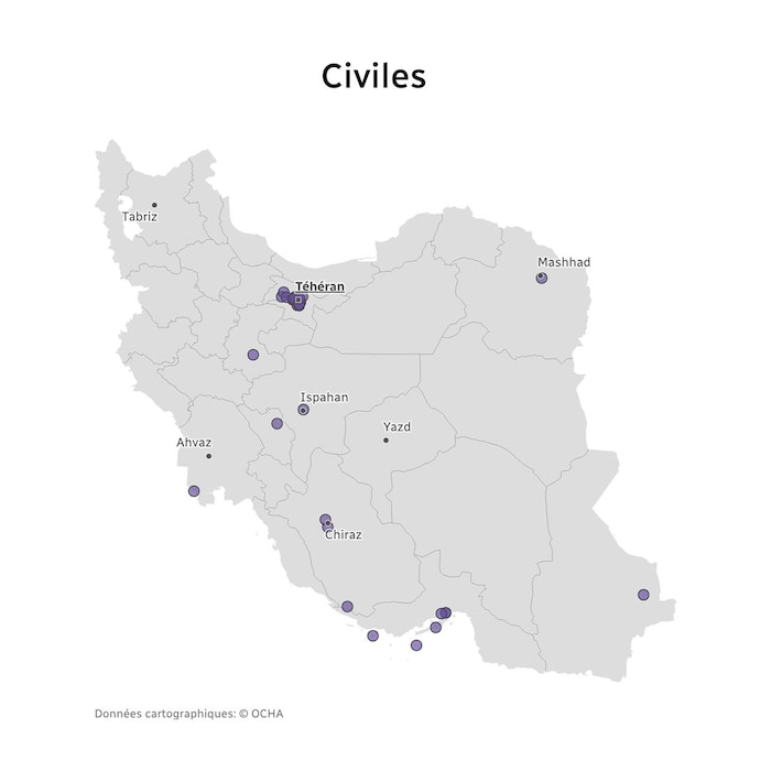 Une carte des installations civiles touchées en Iran.